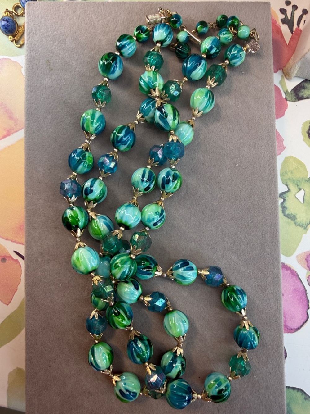 Vintage Hong Kong Green & Blue Swirl Double-Strand Beaded Necklace - Picture 6 of 6